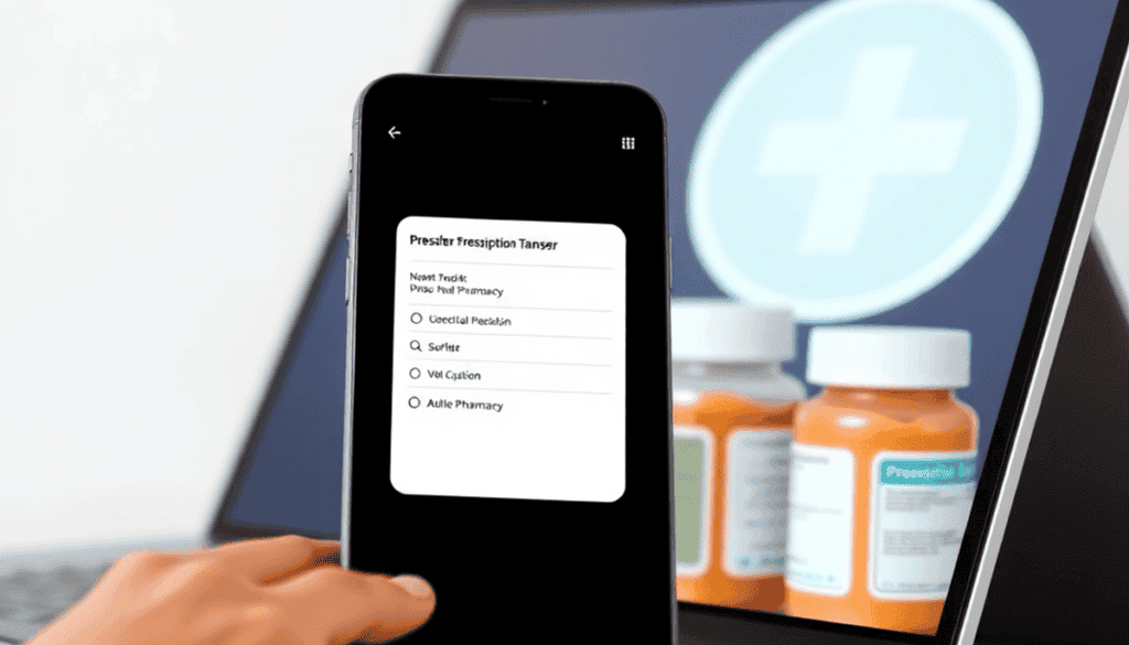 Smartphone screen displaying a prescription transfer process with medication bottles and a pharmacy symbol in the background, highlighting convenie...