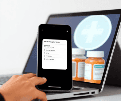 Smartphone screen displaying a prescription transfer process with medication bottles and a pharmacy symbol in the background, highlighting convenie...
