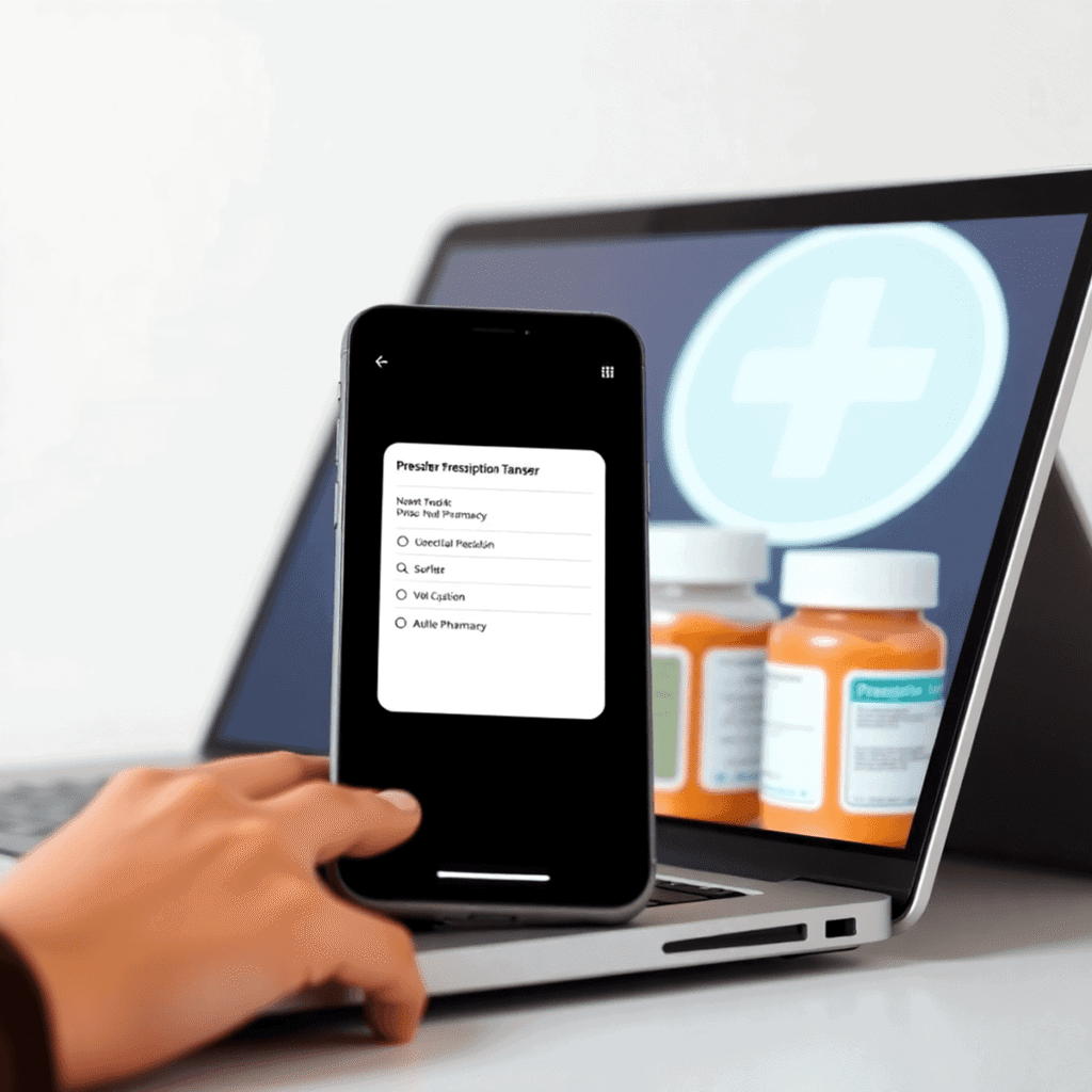 Smartphone screen displaying a prescription transfer process with medication bottles and a pharmacy symbol in the background, highlighting convenie...