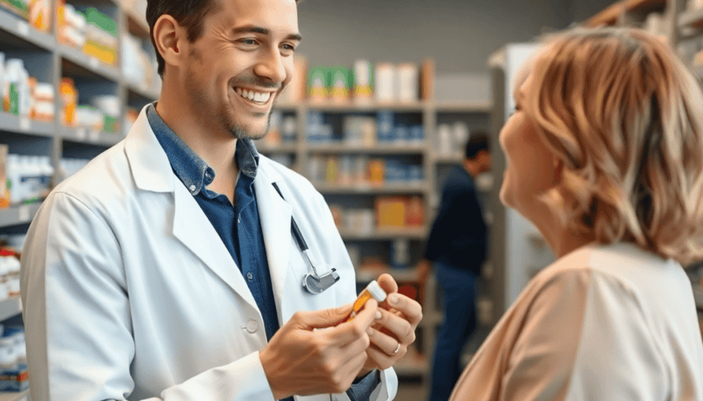 Smiling pharmacist holding medication, engaging with a patient in a modern pharmacy surrounded by shelves of medicines and health products.