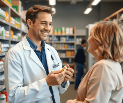 Smiling pharmacist holding medication, engaging with a patient in a modern pharmacy surrounded by shelves of medicines and health products.