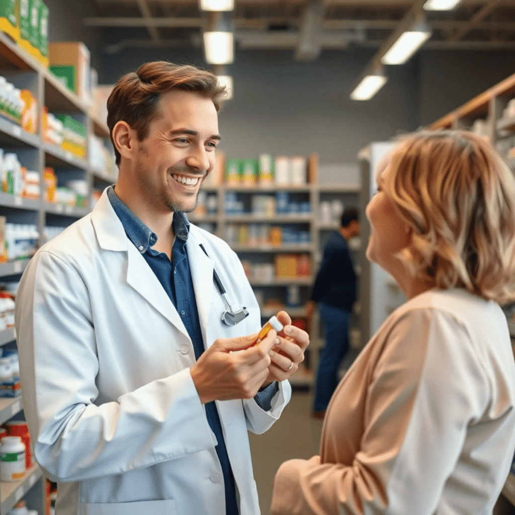Smiling pharmacist holding medication, engaging with a patient in a modern pharmacy surrounded by shelves of medicines and health products.