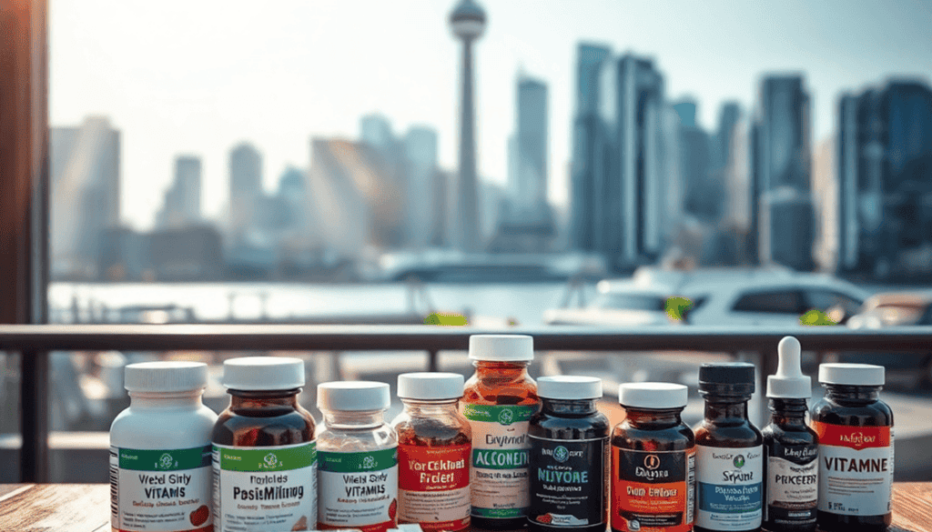 Vitamin and supplement bottles on a wooden table with the Toronto skyline softly blurred in the sunny background.