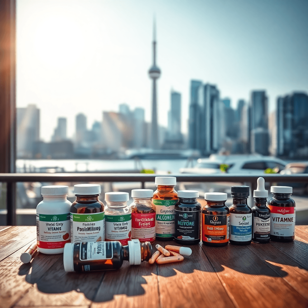 Vitamin and supplement bottles on a wooden table with the Toronto skyline softly blurred in the sunny background.