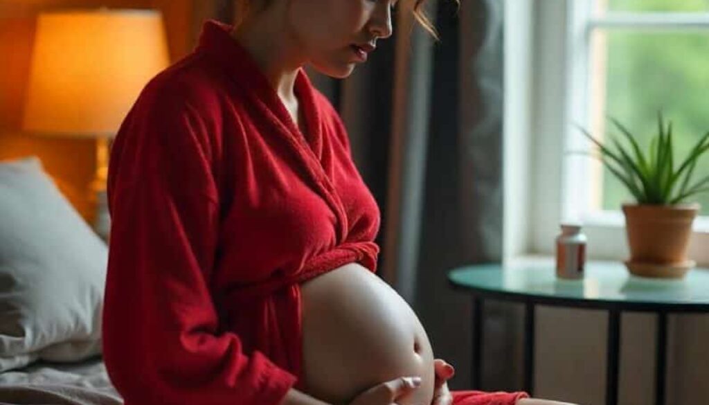 A pregnant woman in a red robe sits on a bed, gently holding her belly. A lamp, a potted plant, and a window with soft daylight are visible in the cozy room.