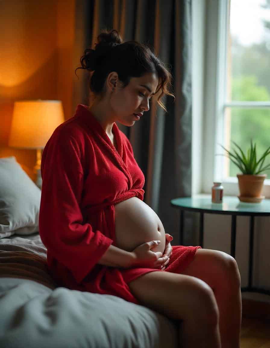 A pregnant woman in a red robe sits on a bed, gently holding her belly. A lamp, a potted plant, and a window with soft daylight are visible in the cozy room.