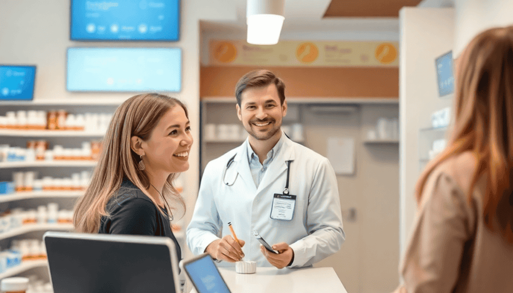 A bright modern pharmacy counter with a friendly pharmacist assisting a smiling customer, surrounded by prescription bottles and digital screens di...