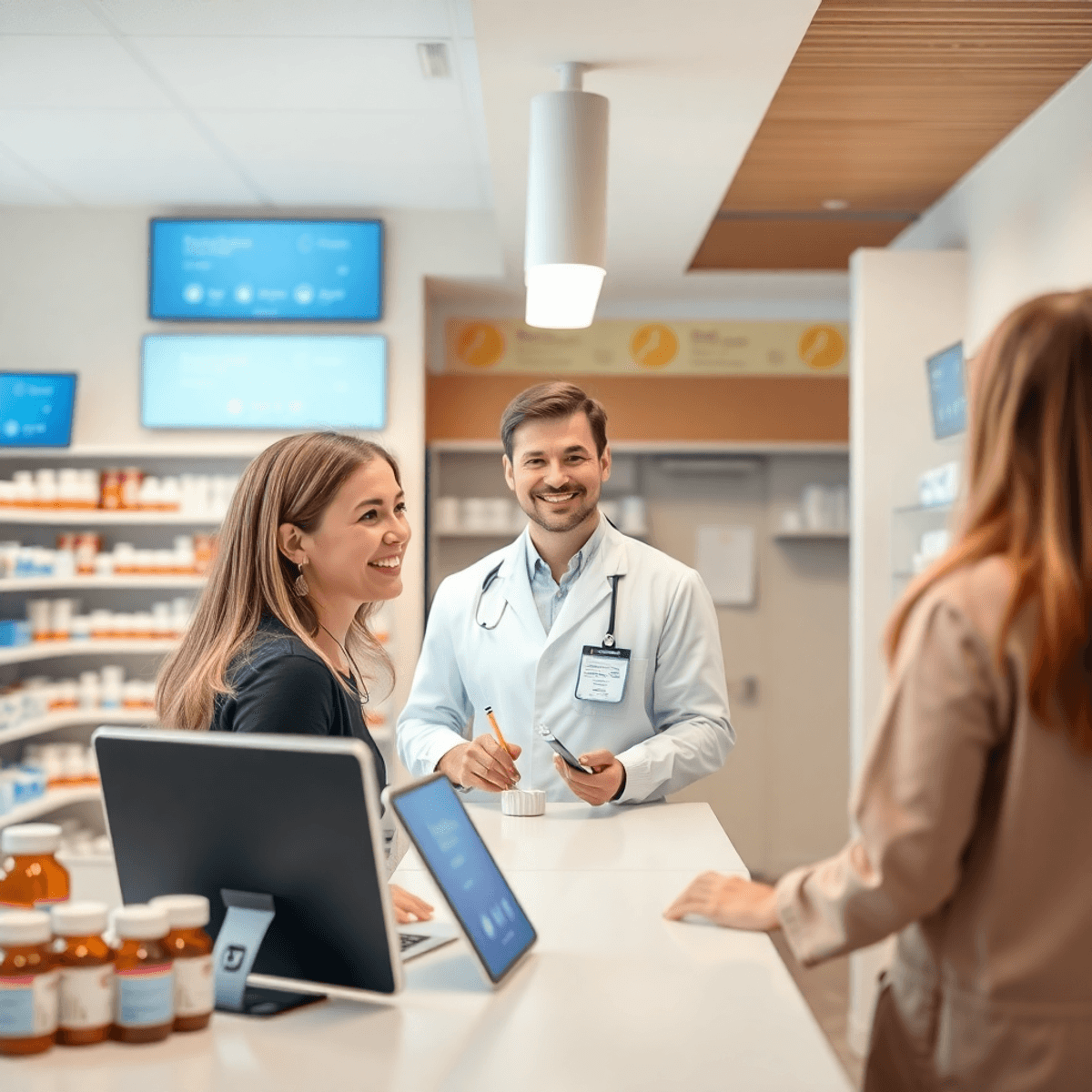 A bright modern pharmacy counter with a friendly pharmacist assisting a smiling customer, surrounded by prescription bottles and digital screens di...