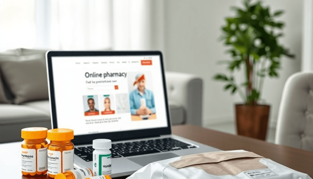 A modern home scene with a laptop showing an online pharmacy, prescription bottles, and a delivery package on a table.