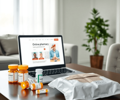 A modern home scene with a laptop showing an online pharmacy, prescription bottles, and a delivery package on a table.