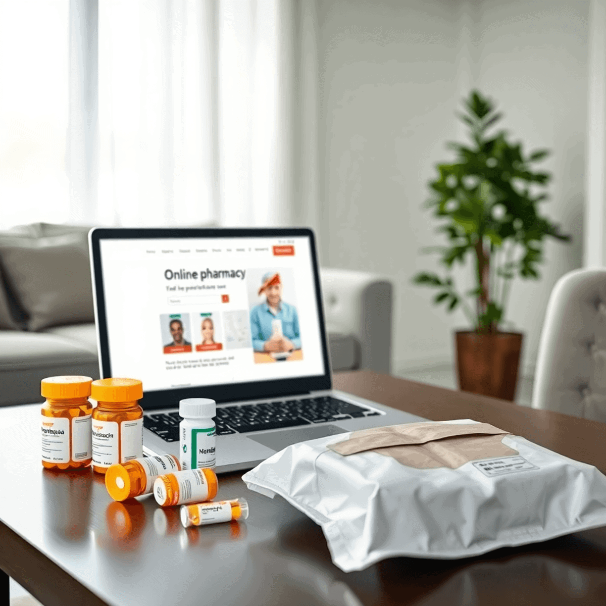 A modern home scene with a laptop showing an online pharmacy, prescription bottles, and a delivery package on a table.