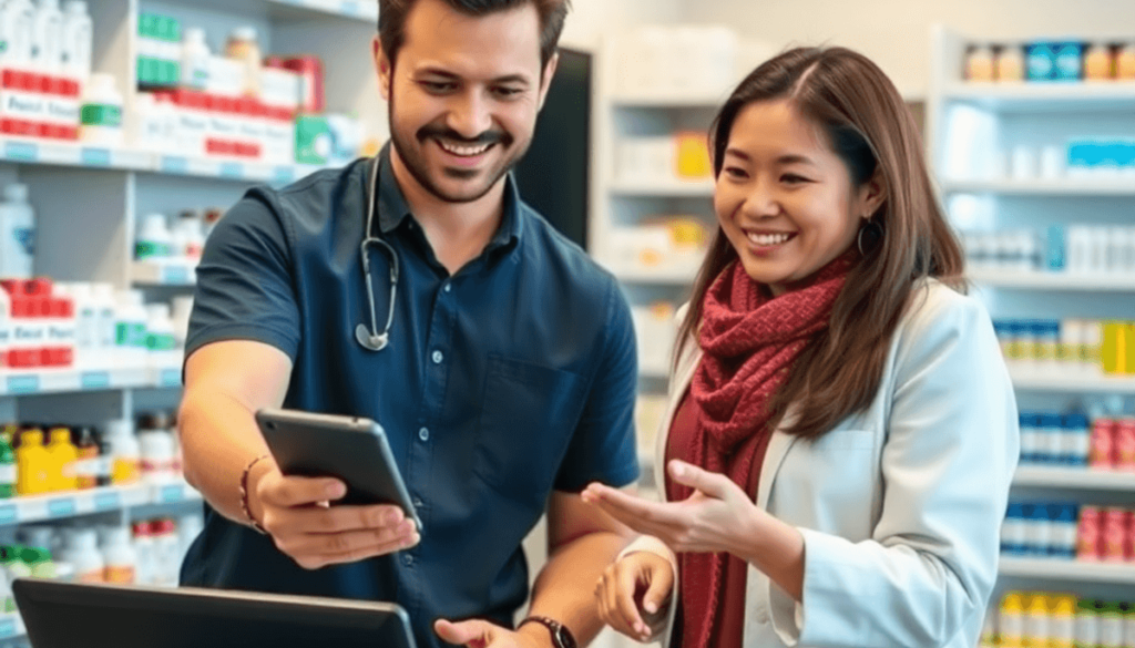 A modern pharmacy counter with a pharmacist helping a smiling customer via tablet, surrounded by shelves of medication and health products.