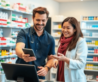 A modern pharmacy counter with a pharmacist helping a smiling customer via tablet, surrounded by shelves of medication and health products.