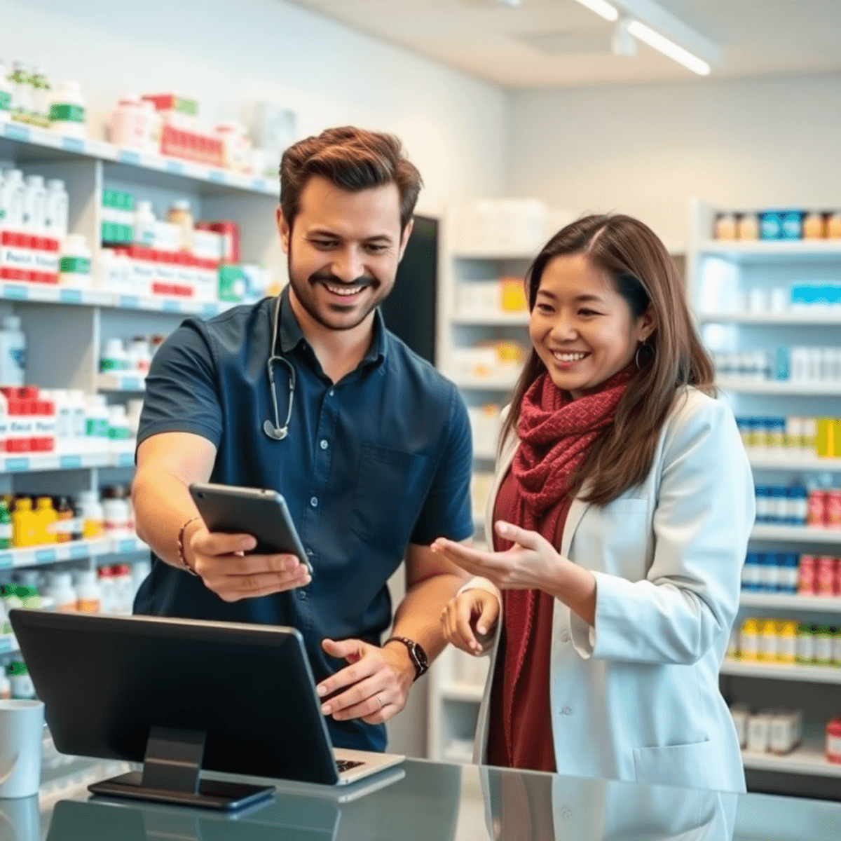 A modern pharmacy counter with a pharmacist helping a smiling customer via tablet, surrounded by shelves of medication and health products.