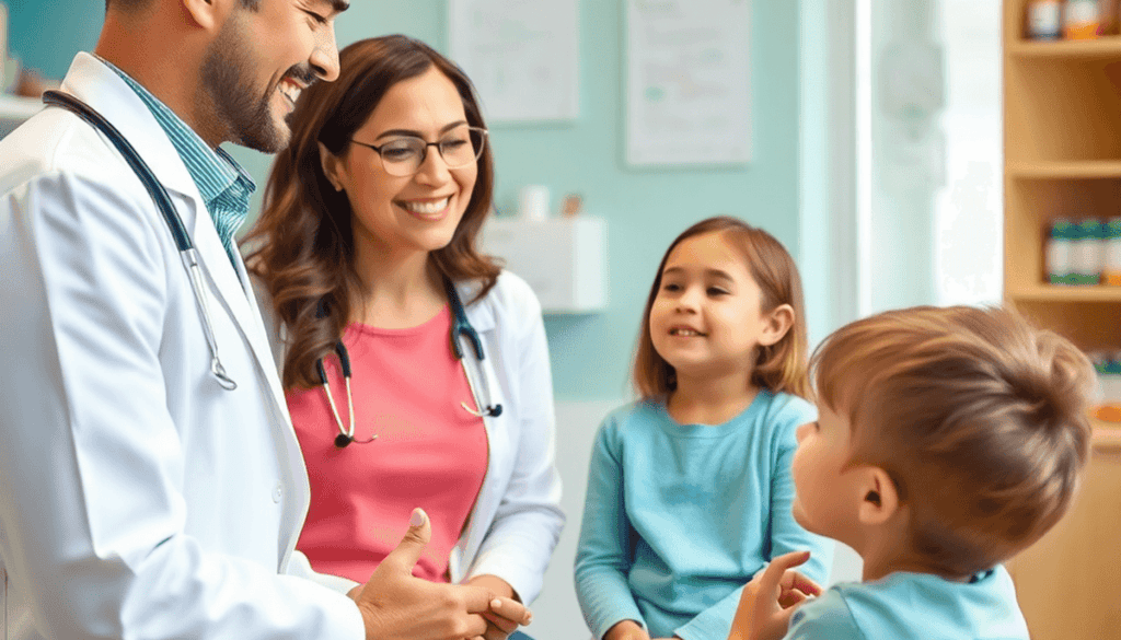 A parent and pediatrician discussing medication in a bright clinic with child-friendly tools and colorful bottles.