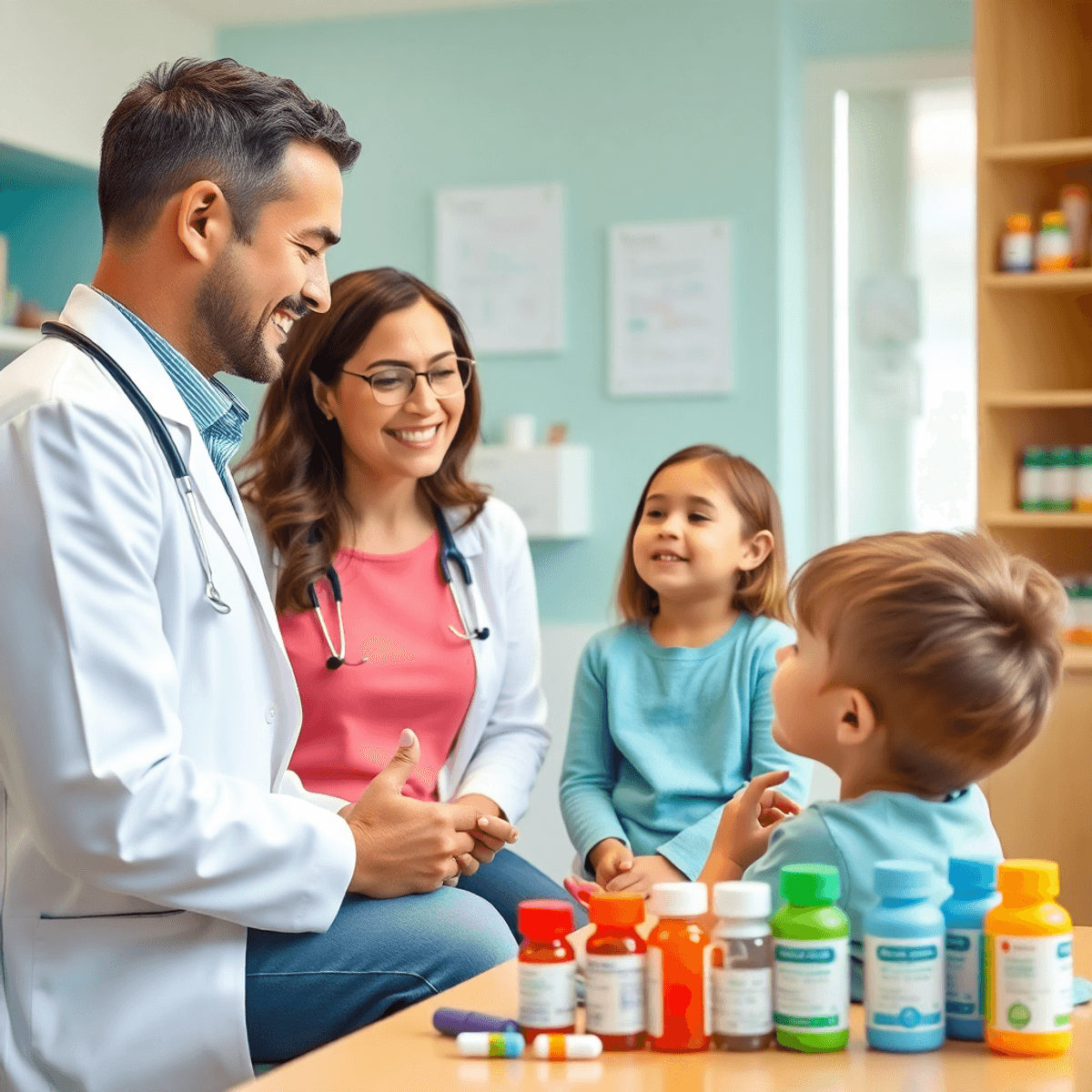A parent and pediatrician discussing medication in a bright clinic with child-friendly tools and colorful bottles.