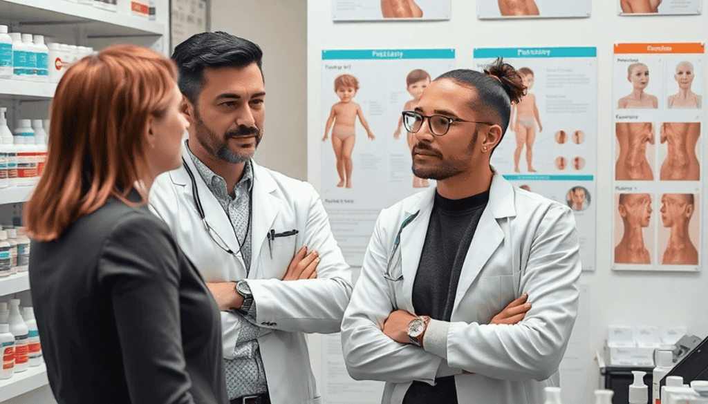 A pharmacist consulting a patient about skincare in a modern pharmacy with dermatology products and medical charts in the background.