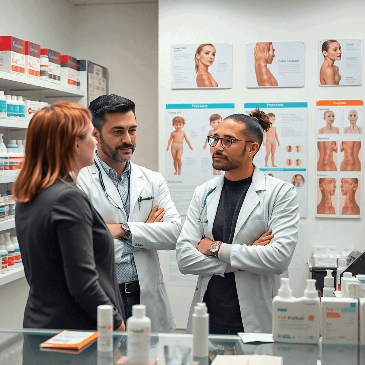 A pharmacist consulting a patient about skincare in a modern pharmacy with dermatology products and medical charts in the background.