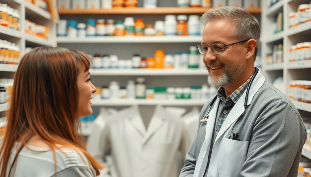 A pharmacist consulting a patient in a bright, modern pharmacy with shelves of medications, vitamins, and supplements.