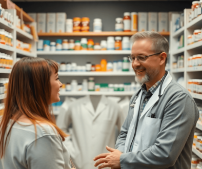 A pharmacist consulting a patient in a bright, modern pharmacy with shelves of medications, vitamins, and supplements.