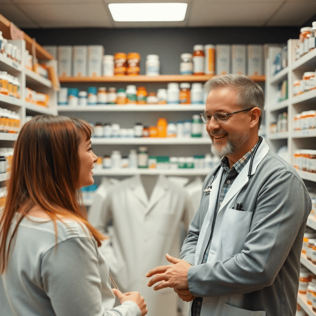 A pharmacist consulting a patient in a bright, modern pharmacy with shelves of medications, vitamins, and supplements.
