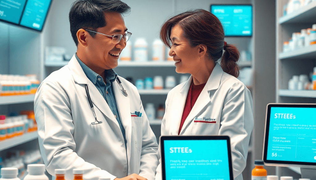 A pharmacist consulting a woman at a modern pharmacy counter with medication bottles and digital screens showing medication info and alerts.