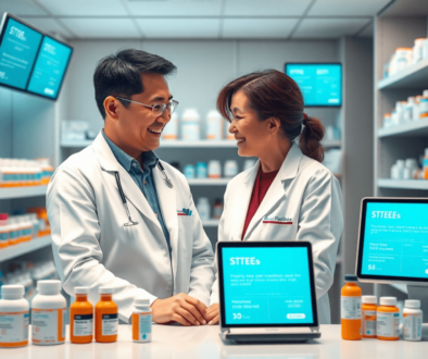A pharmacist consulting a woman at a modern pharmacy counter with medication bottles and digital screens showing medication info and alerts.