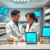 A pharmacist consulting a woman at a modern pharmacy counter with medication bottles and digital screens showing medication info and alerts.