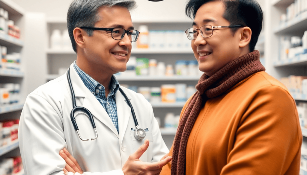 A pharmacist consulting with a patient in a bright pharmacy, surrounded by medication shelves and mental health symbols like a brain and heart.