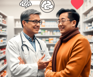 A pharmacist consulting with a patient in a bright pharmacy, surrounded by medication shelves and mental health symbols like a brain and heart.