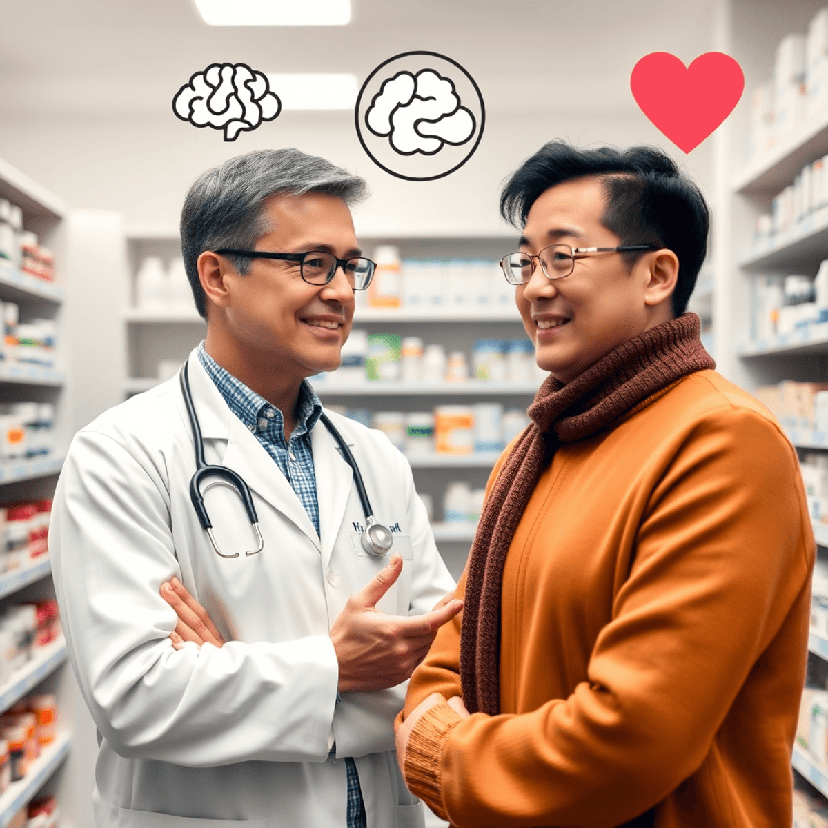 A pharmacist consulting with a patient in a bright pharmacy, surrounded by medication shelves and mental health symbols like a brain and heart.