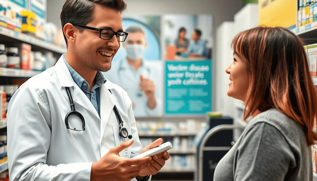 A pharmacist in a modern pharmacy explaining medication to a patient, with shelves of medicines and health posters about chronic disease and vaccin...