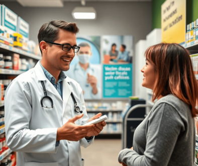 A pharmacist in a modern pharmacy explaining medication to a patient, with shelves of medicines and health posters about chronic disease and vaccin...