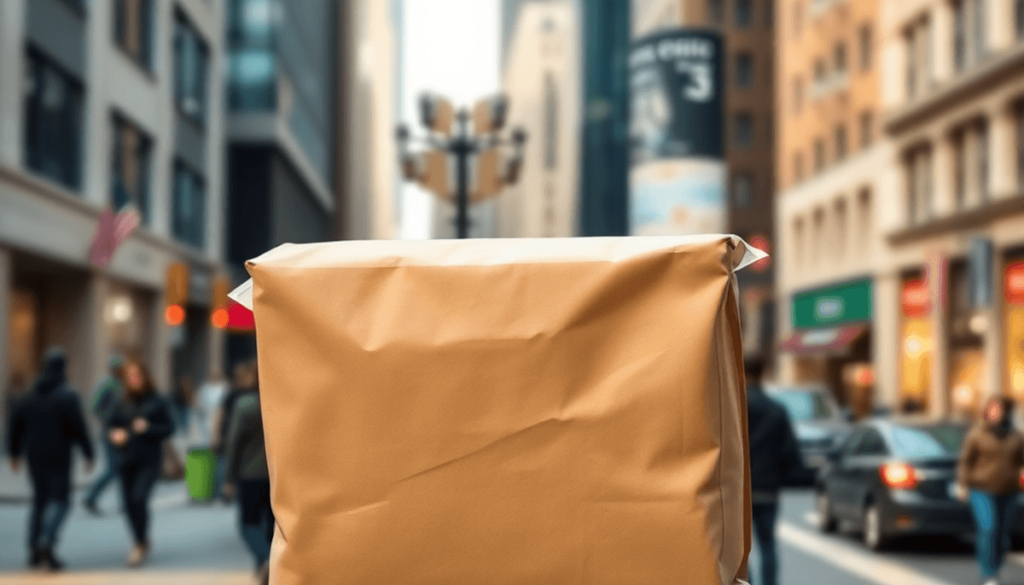 A plain delivery package on a doorstep with blurred city buildings and busy streets in the background.