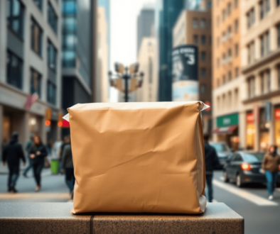 A plain delivery package on a doorstep with blurred city buildings and busy streets in the background.
