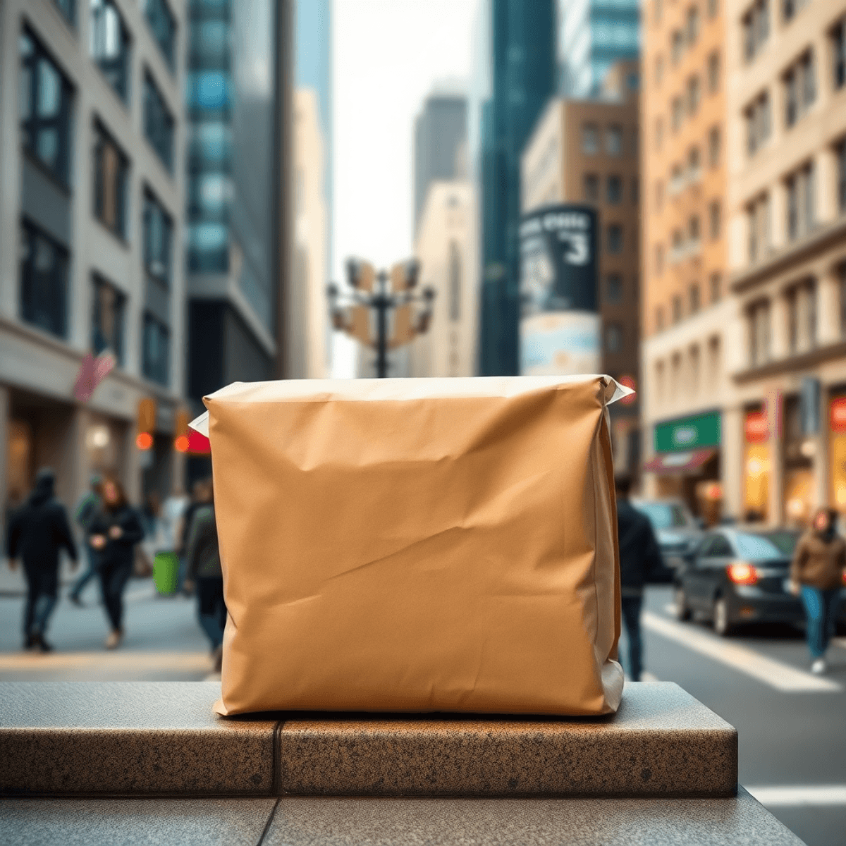 A plain delivery package on a doorstep with blurred city buildings and busy streets in the background.