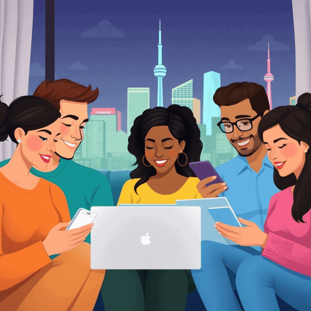 A vibrant digital illustration of people using smartphones and laptops at home with Downtown Toronto cityscape in the background, symbolizing onlin...