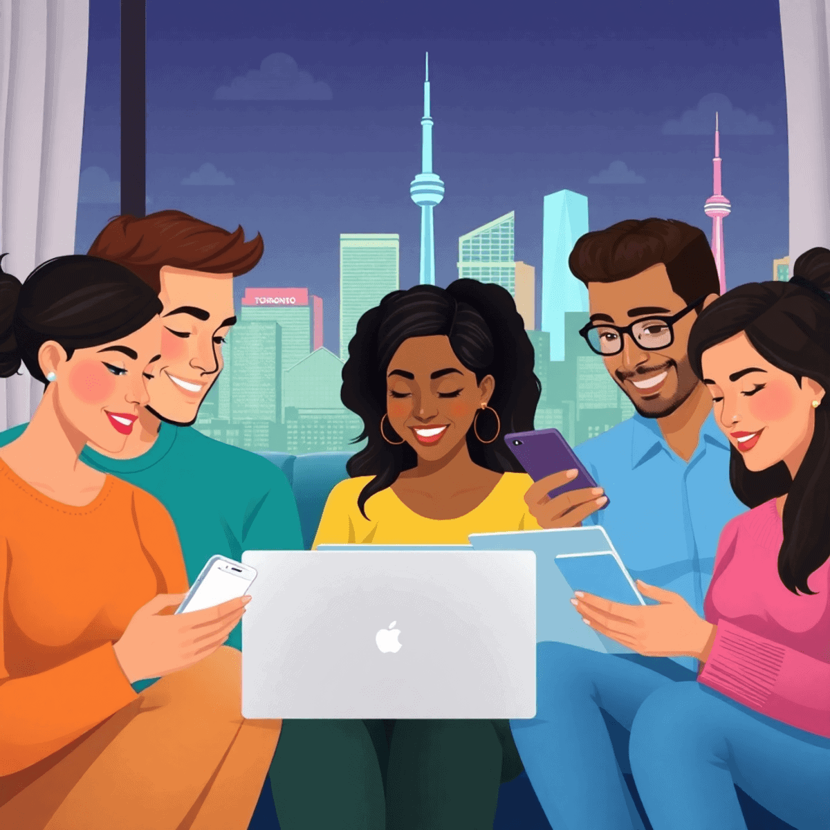 A vibrant digital illustration of people using smartphones and laptops at home with Downtown Toronto cityscape in the background, symbolizing onlin...