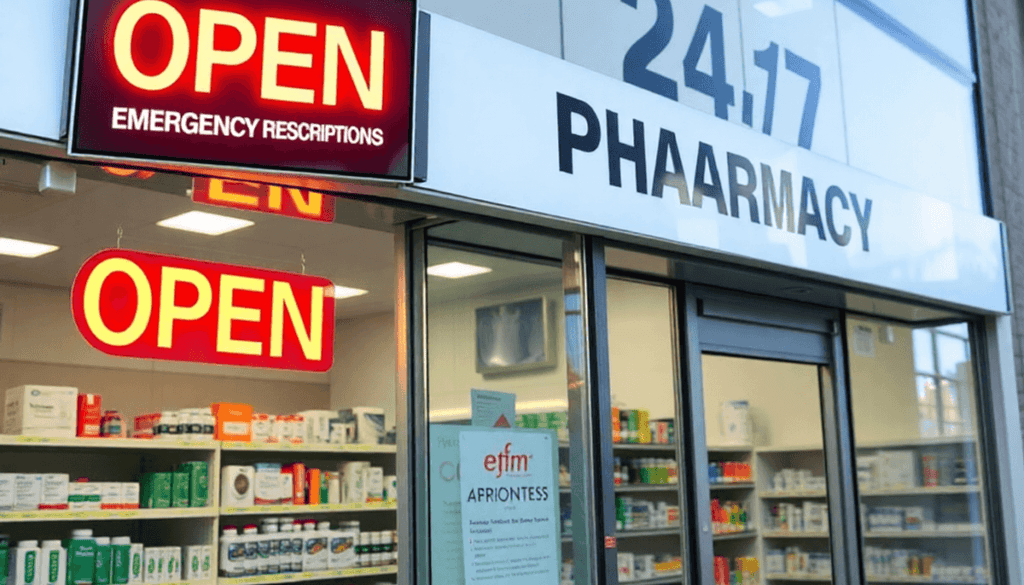 Bright, modern pharmacy storefront in Toronto with "Open 24/7 Emergency Prescriptions" sign and shelves stocked with medications, emphasizing urgen...