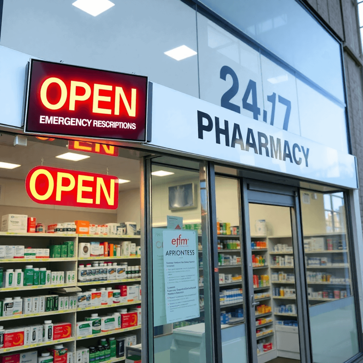 Bright, modern pharmacy storefront in Toronto with "Open 24/7 Emergency Prescriptions" sign and shelves stocked with medications, emphasizing urgen...