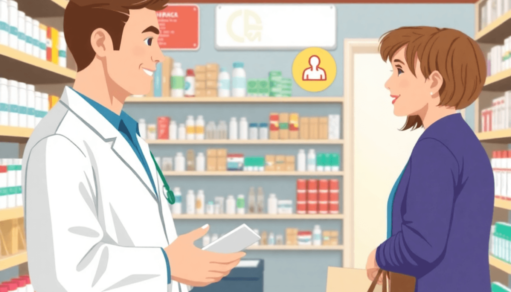 Bright pharmacy interior with shelves of medicine, a friendly pharmacist assisting a customer, and subtle icons for cold sore, heartburn, and heada...