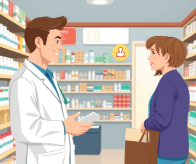 Bright pharmacy interior with shelves of medicine, a friendly pharmacist assisting a customer, and subtle icons for cold sore, heartburn, and heada...