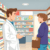 Bright pharmacy interior with shelves of medicine, a friendly pharmacist assisting a customer, and subtle icons for cold sore, heartburn, and heada...