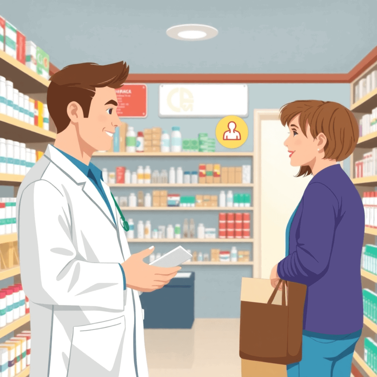 Bright pharmacy interior with shelves of medicine, a friendly pharmacist assisting a customer, and subtle icons for cold sore, heartburn, and heada...