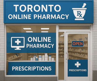 Storefront of a Toronto online pharmacy with blue signs displaying "Online Pharmacy" and "Prescriptions," a mortar and pestle icon, and an "Open" sign on the door. Shelves with products are visible inside.