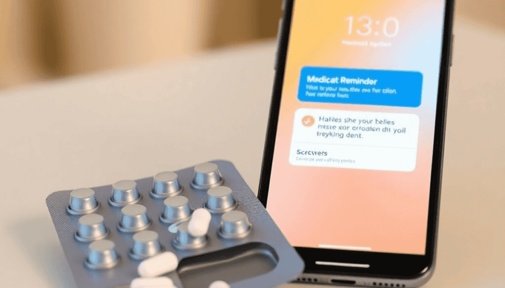 Close-up of a medicine blister pack with missing pills beside a smartphone showing a medication reminder on a bright surface.