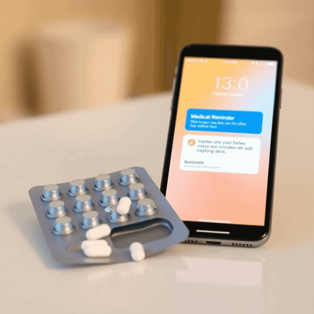 Close-up of a medicine blister pack with missing pills beside a smartphone showing a medication reminder on a bright surface.