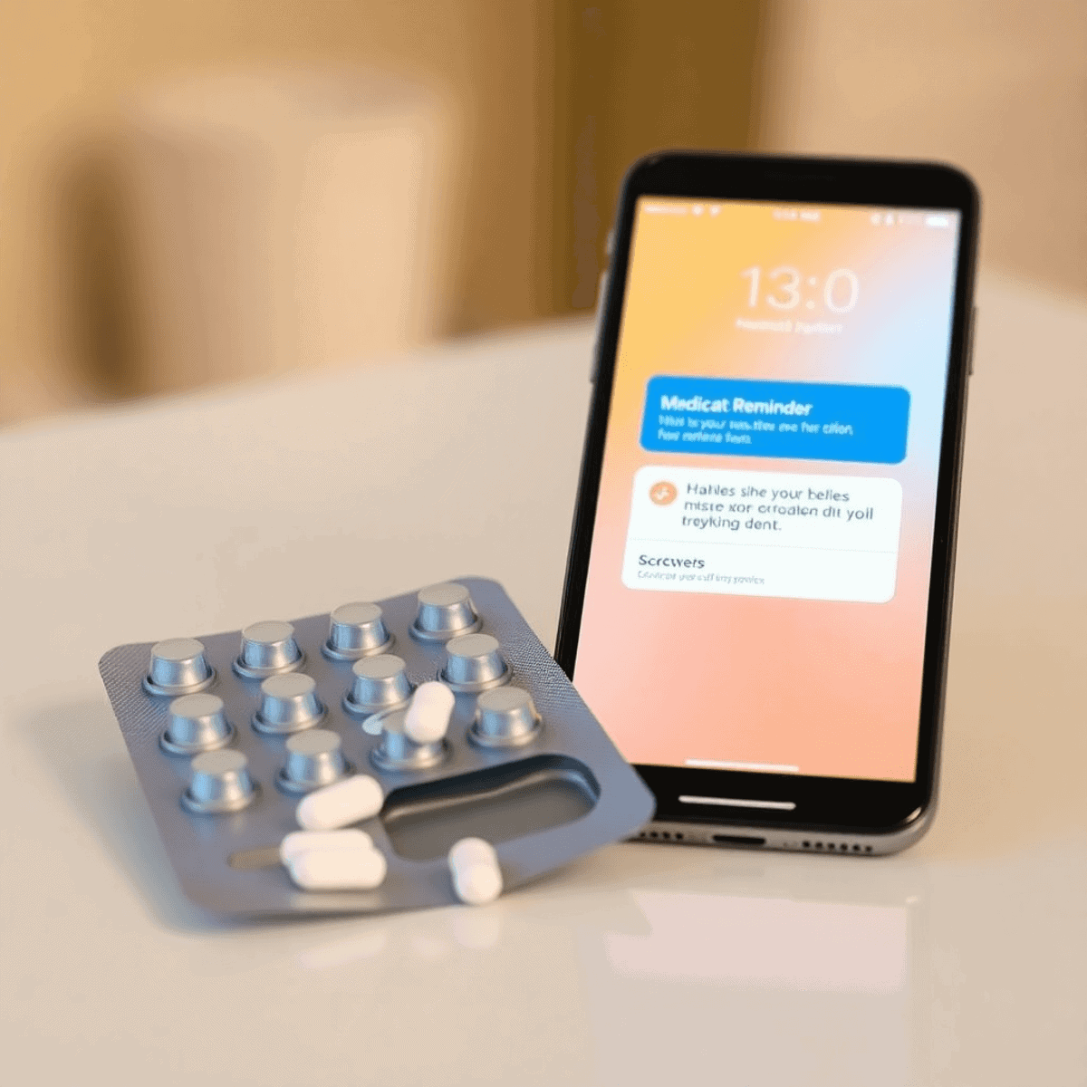 Close-up of a medicine blister pack with missing pills beside a smartphone showing a medication reminder on a bright surface.