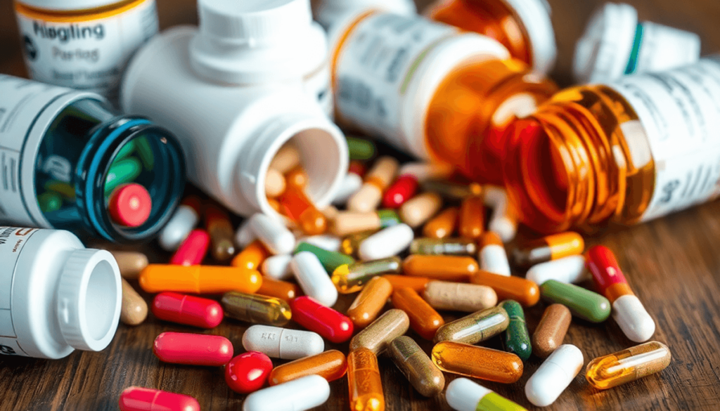 Close-up of prescription medication bottles and various dietary supplements scattered on a wooden table, illustrating drug and supplement interaction.