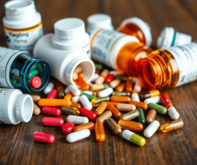 Close-up of prescription medication bottles and various dietary supplements scattered on a wooden table, illustrating drug and supplement interaction.